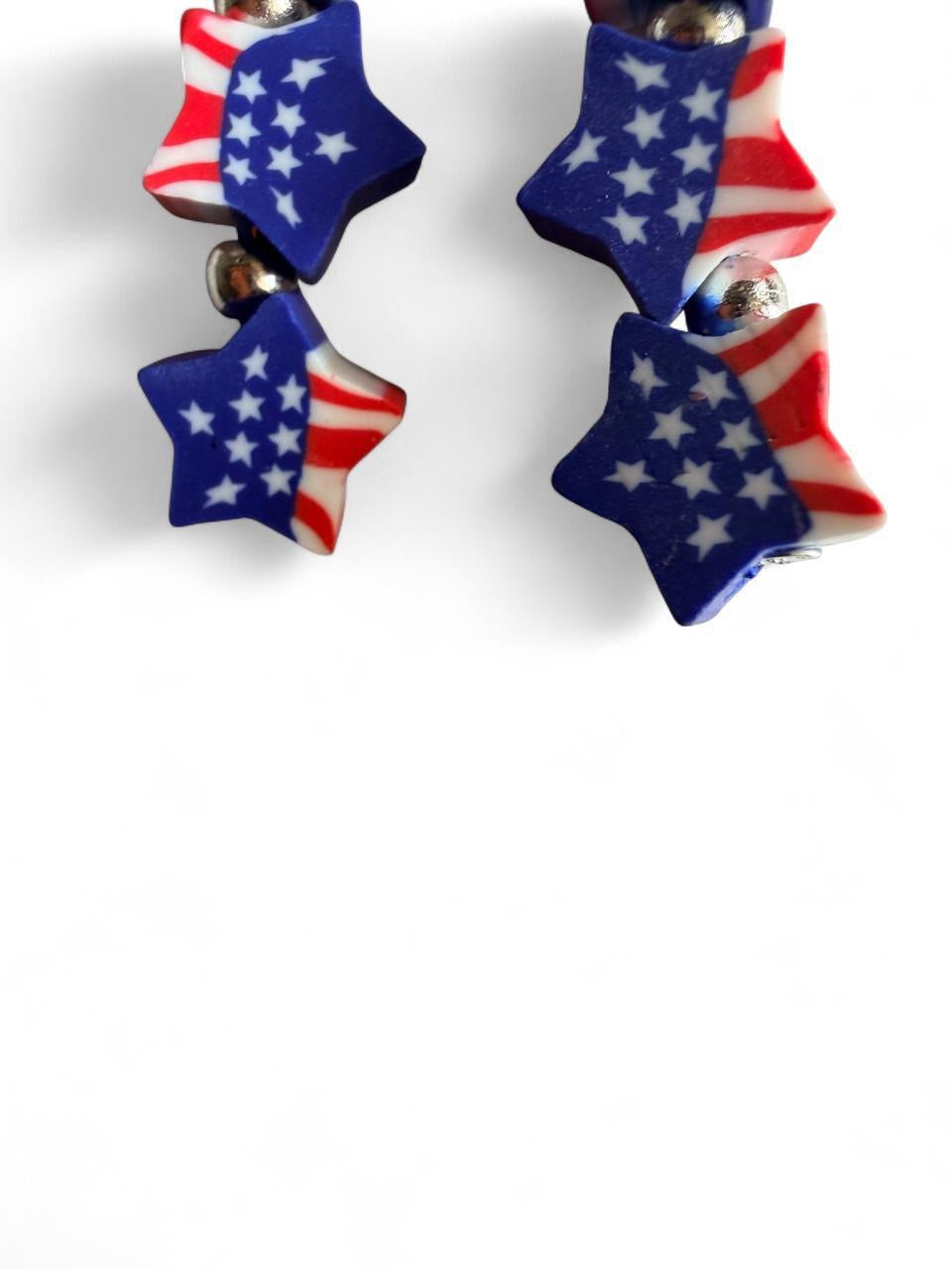 Handmade Patriotic Triple Stacked Star Bead Earrings | Red White & Blue Flag Drops