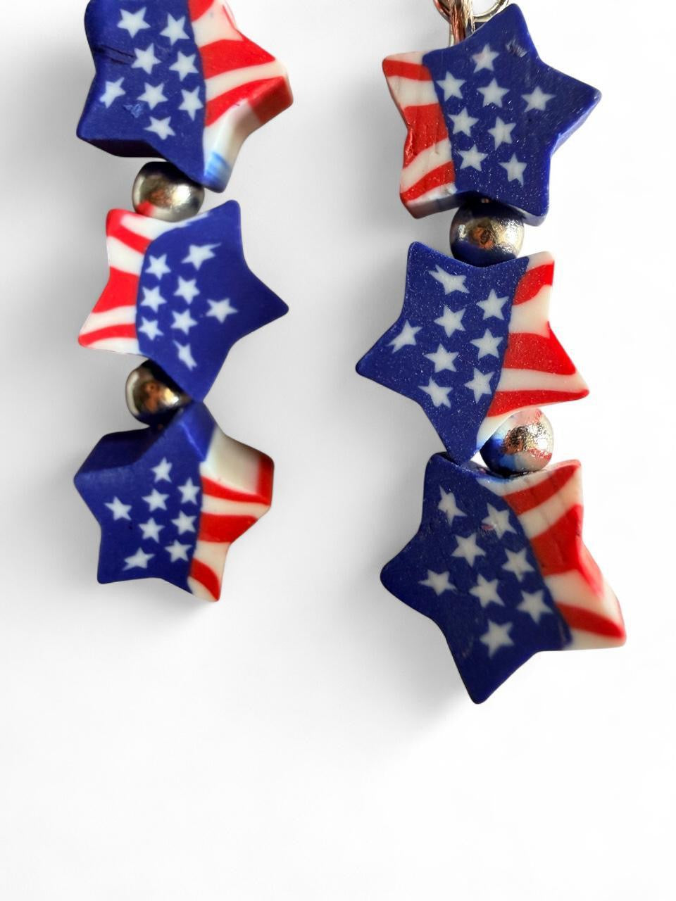 Handmade Patriotic Triple Stacked Star Bead Earrings | Red White & Blue Flag Drops