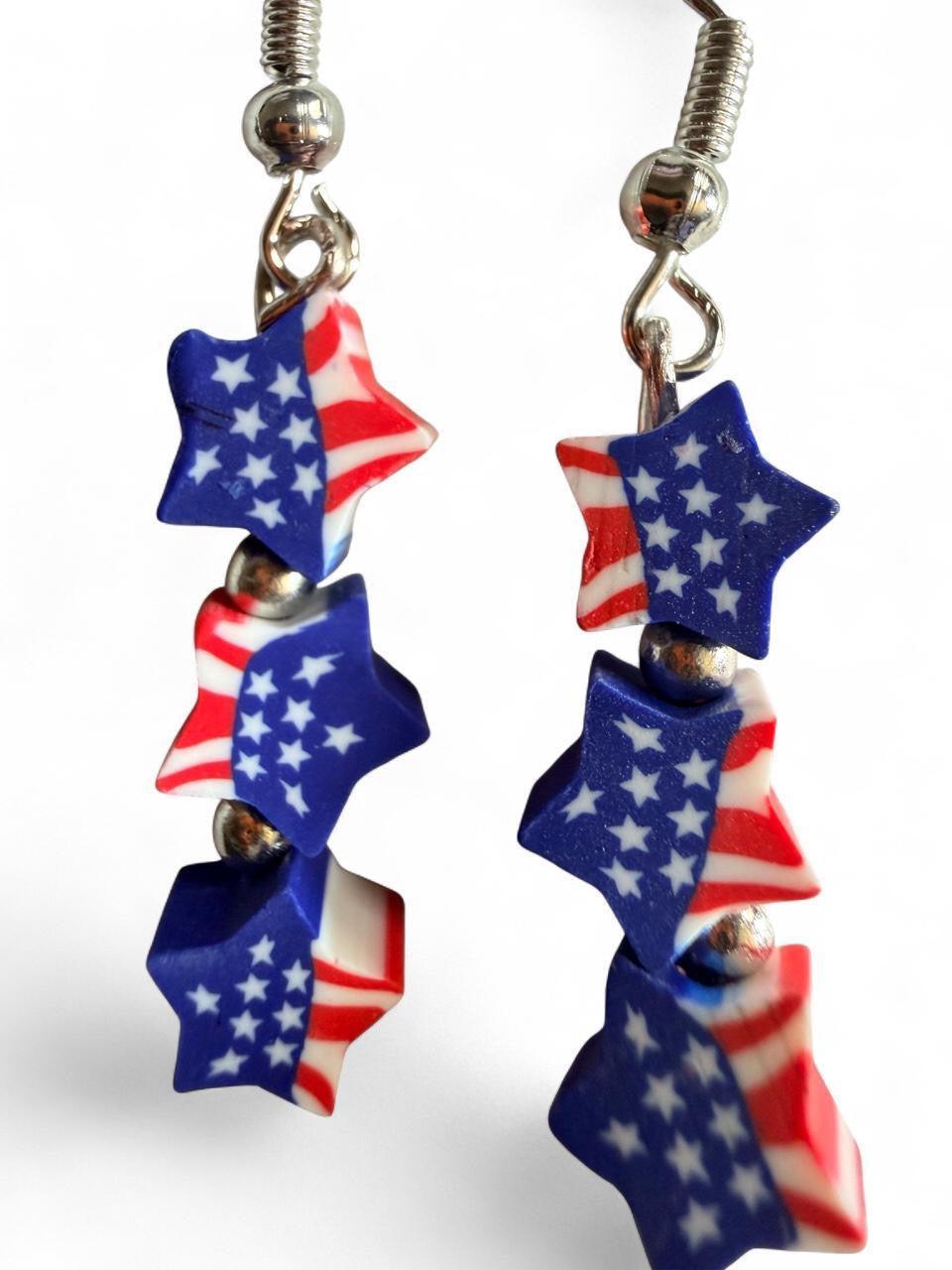 Handmade Patriotic Triple Stacked Star Bead Earrings | Red White & Blue Flag Drops