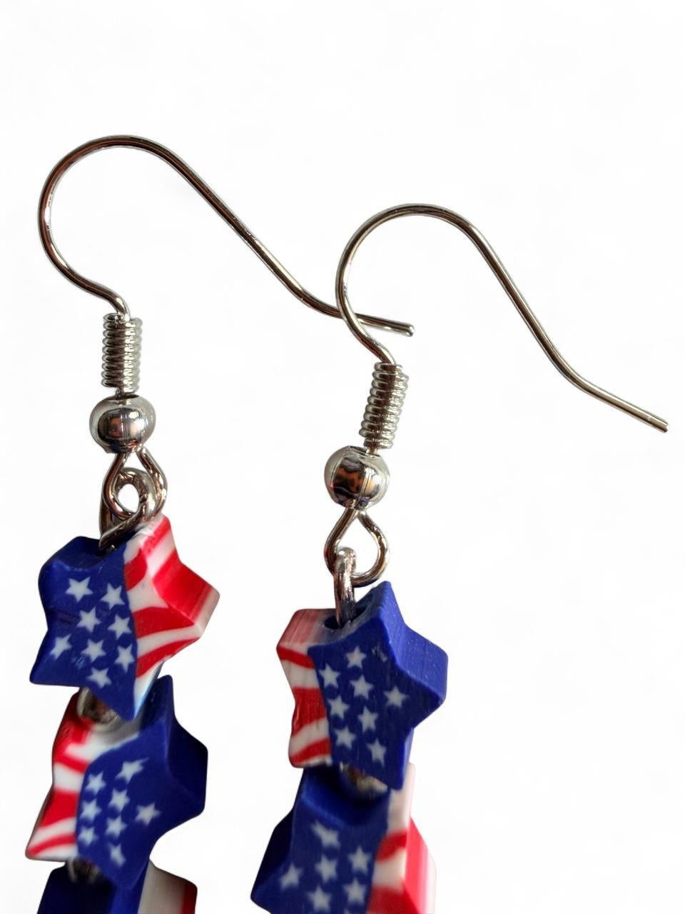 Handmade Patriotic Triple Stacked Star Bead Earrings | Red White & Blue Flag Drops