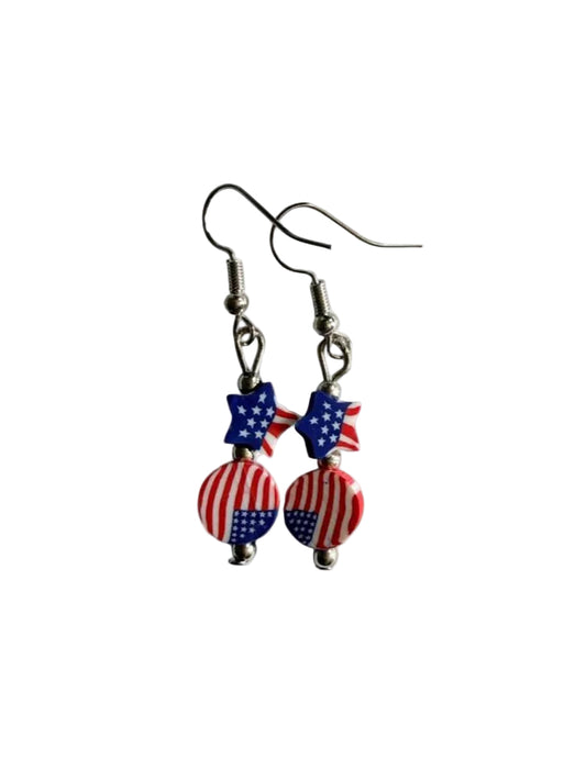 Handmade Patriotic Stacked Flag Bead Dangle Earrings | Red White & Blue Star Drops