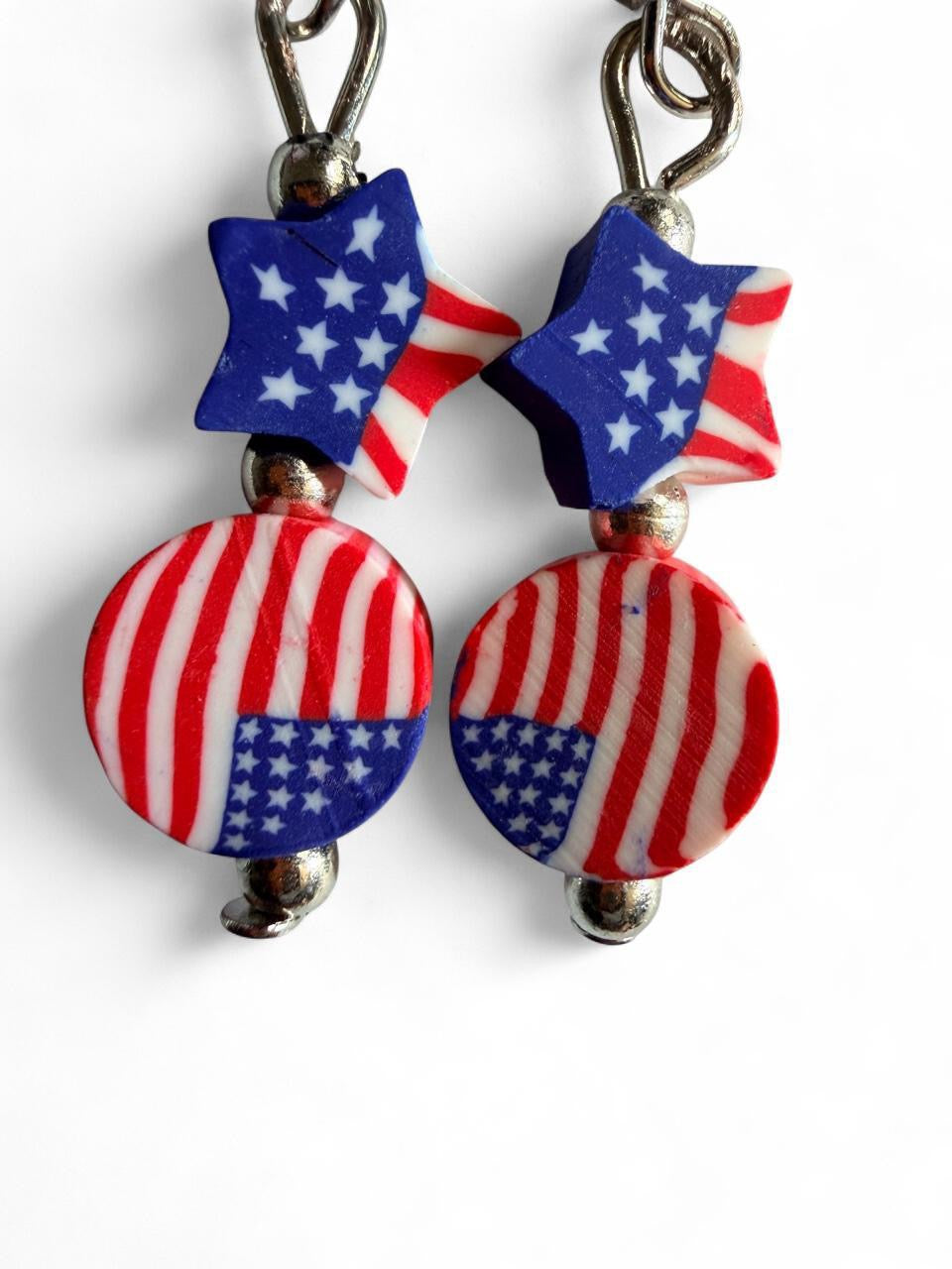Handmade Patriotic Stacked Flag Bead Dangle Earrings | Red White & Blue Star Drops