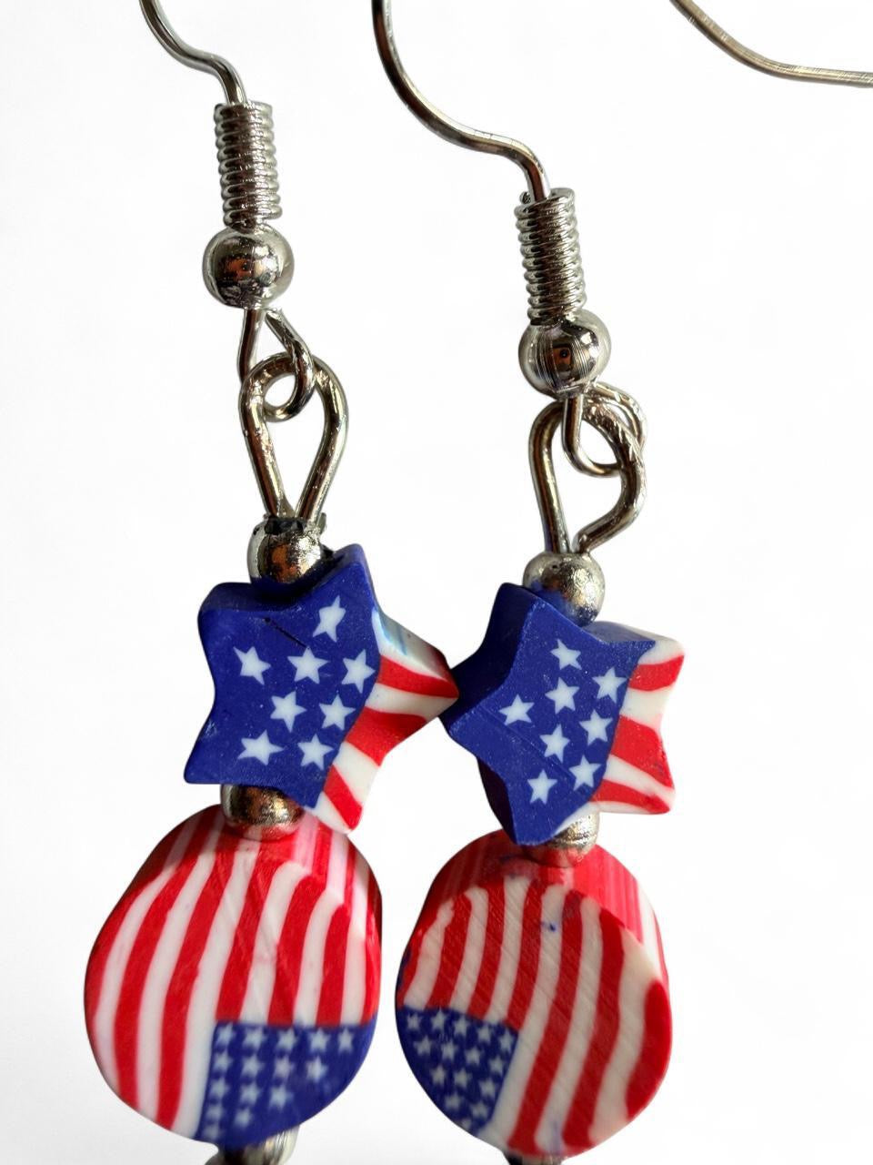 Handmade Patriotic Stacked Flag Bead Dangle Earrings | Red White & Blue Star Drops