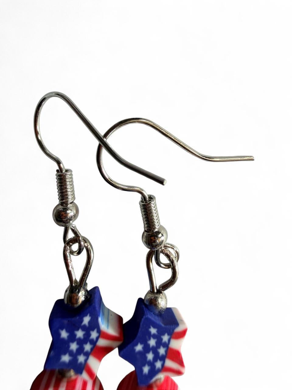 Handmade Patriotic Stacked Flag Bead Dangle Earrings | Red White & Blue Star Drops
