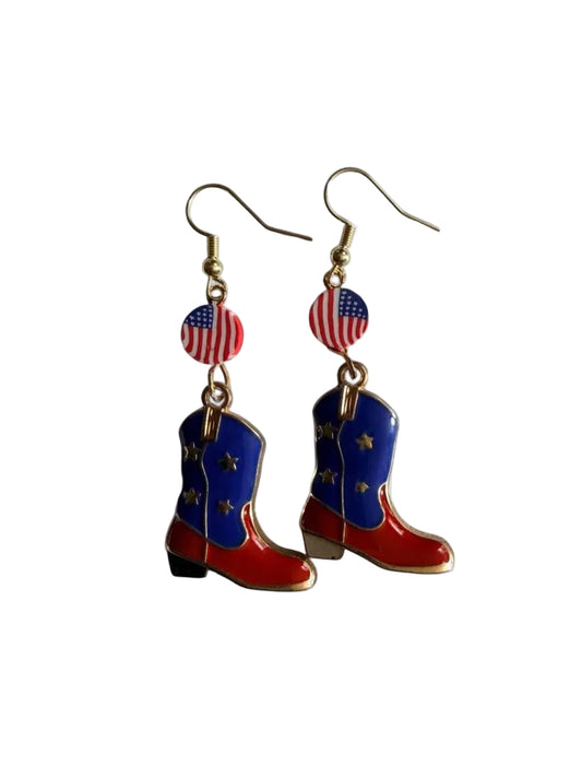 Handmade Patriotic Cowboy Boot Dangle Earrings | Country Americana Western Jewelry