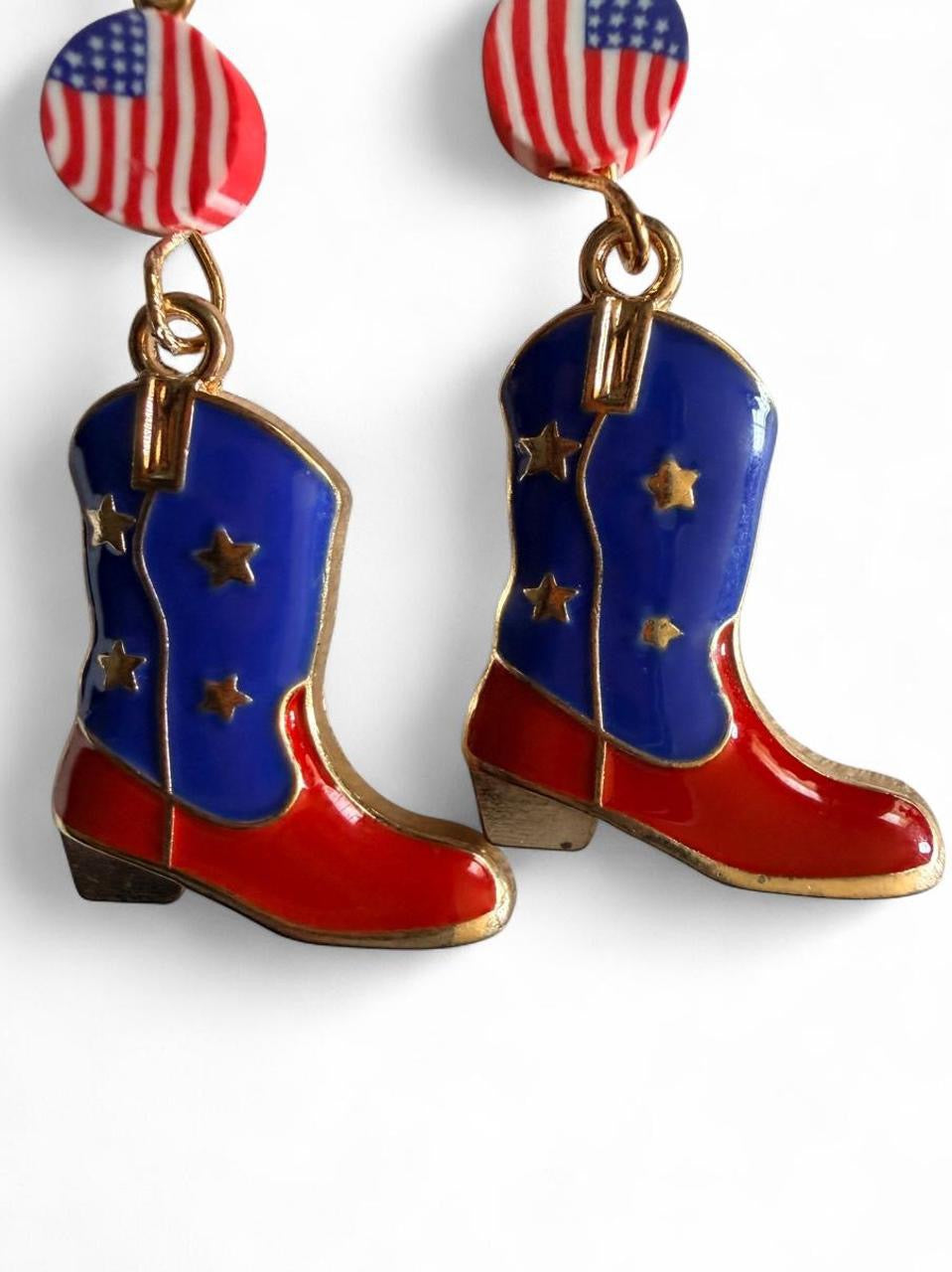 Handmade Patriotic Cowboy Boot Dangle Earrings | Country Americana Western Jewelry
