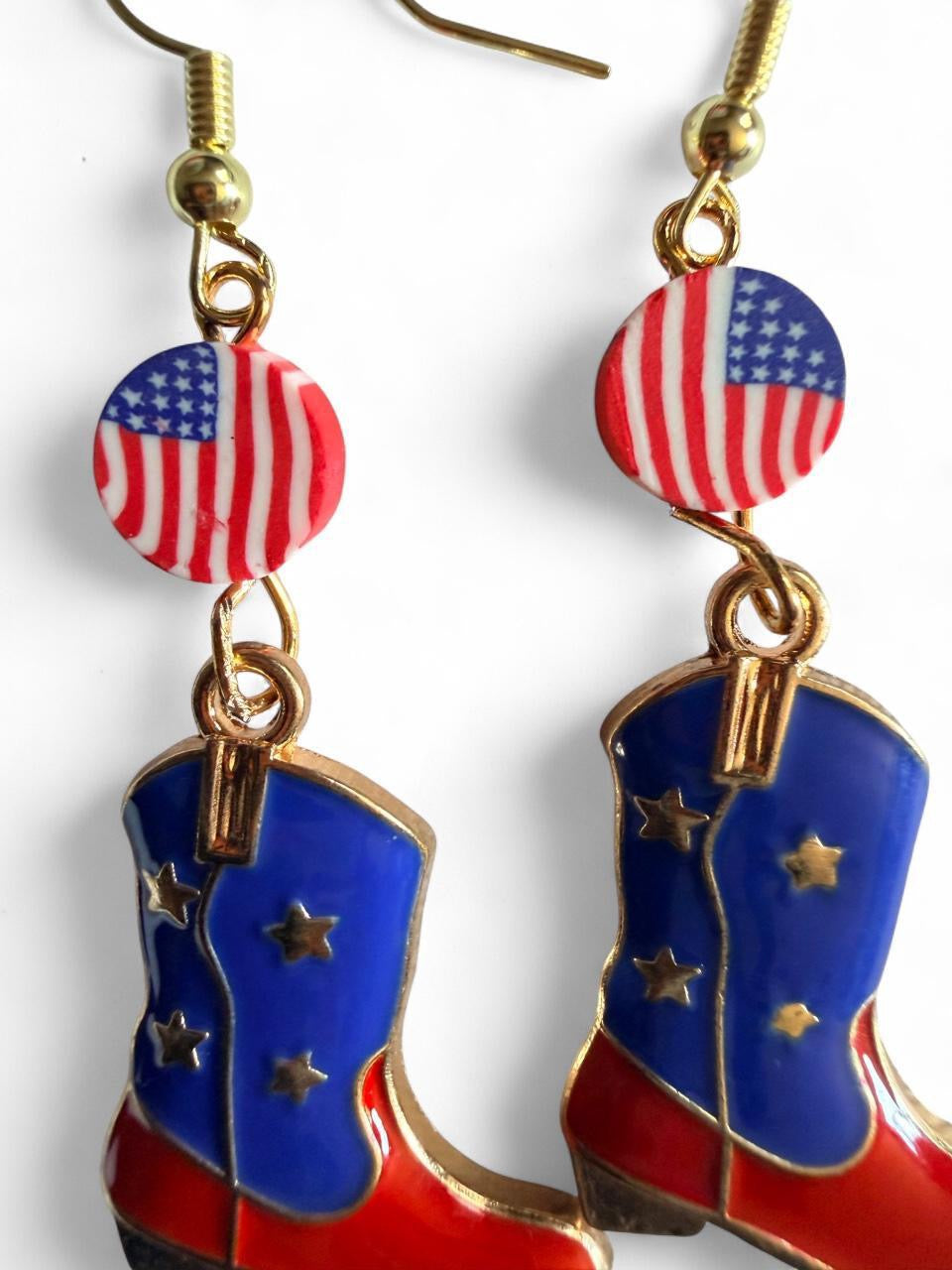 Handmade Patriotic Cowboy Boot Dangle Earrings | Country Americana Western Jewelry