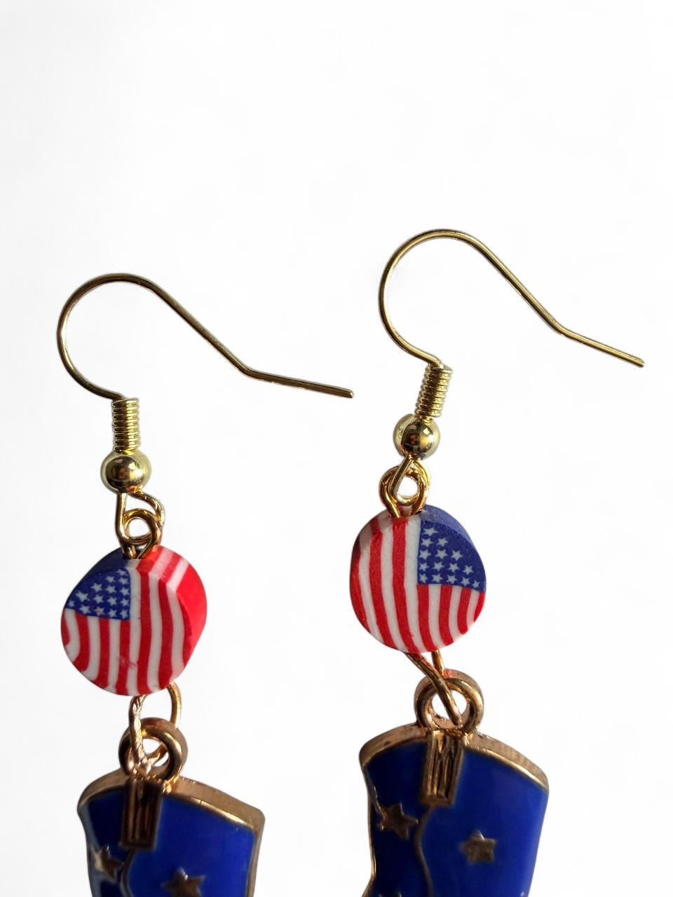 Handmade Patriotic Cowboy Boot Dangle Earrings | Country Americana Western Jewelry