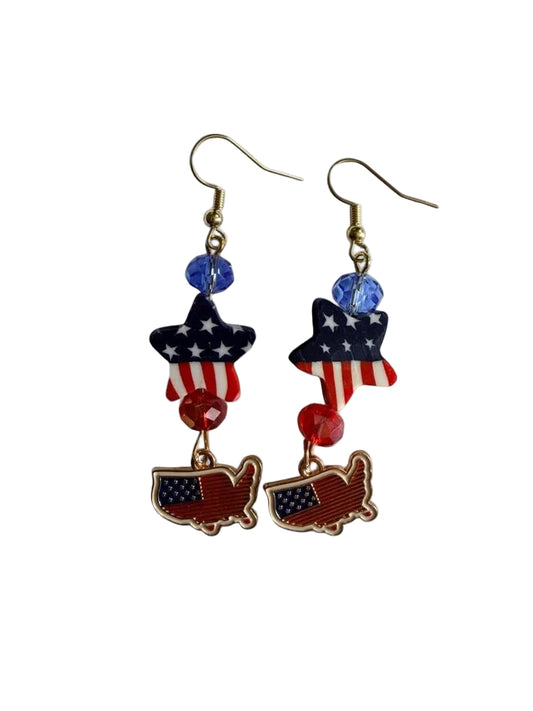 Handmade Patriotic USA Map Enamel Dangle Earrings | Tiered Americana Star Bead Jewelry