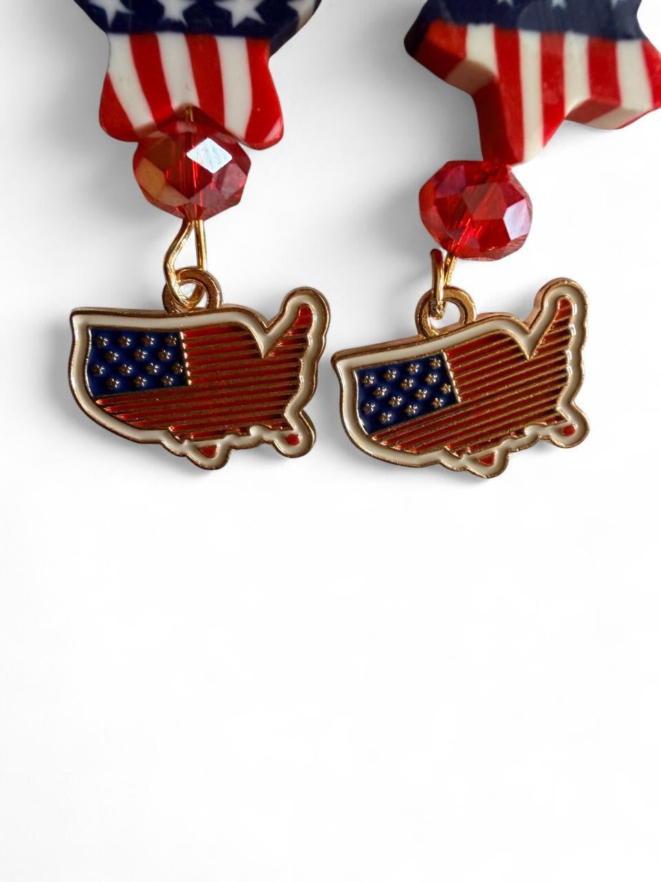 Handmade Patriotic USA Map Enamel Dangle Earrings | Tiered Americana Star Bead Jewelry