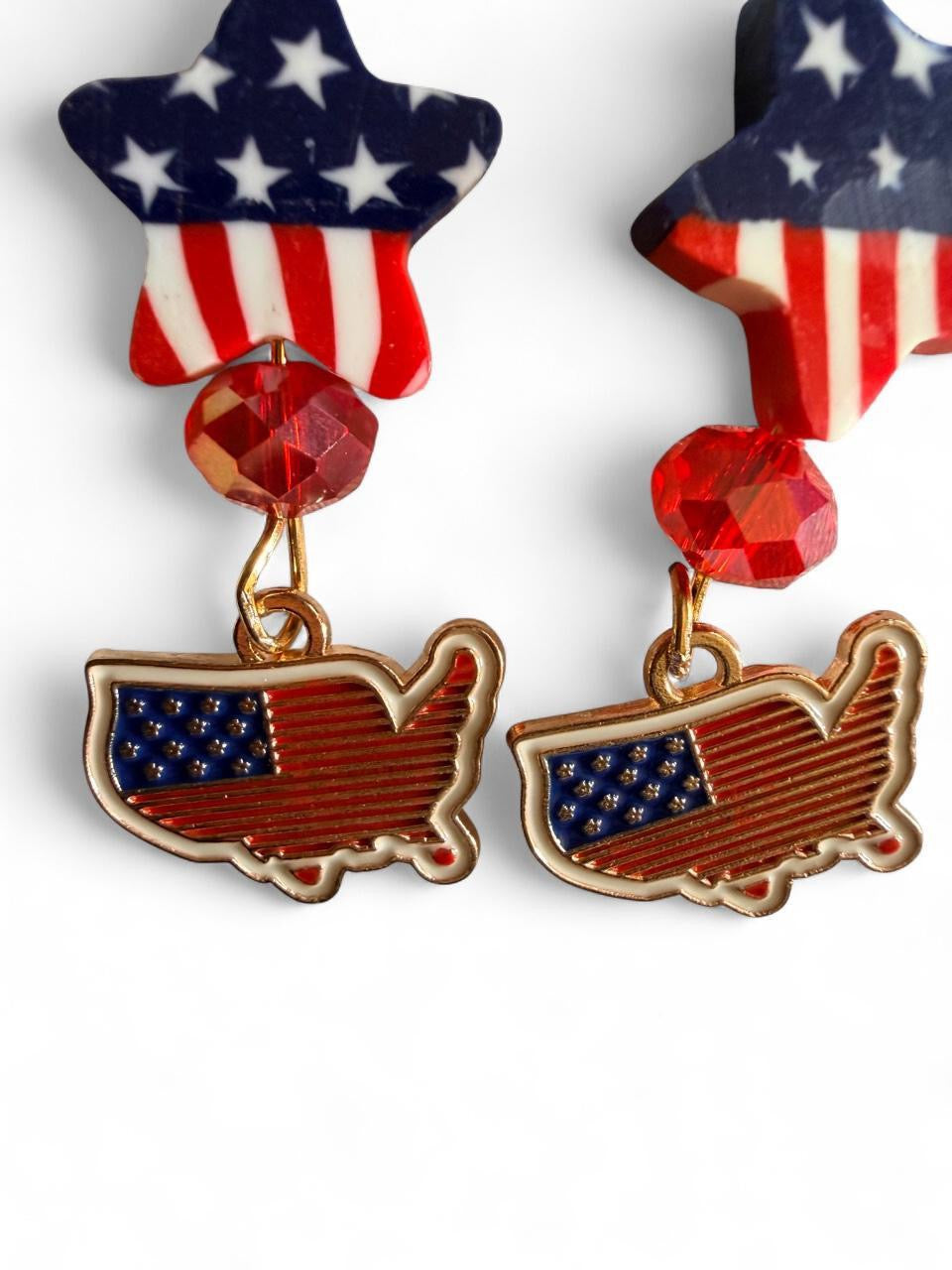 Handmade Patriotic USA Map Enamel Dangle Earrings | Tiered Americana Star Bead Jewelry