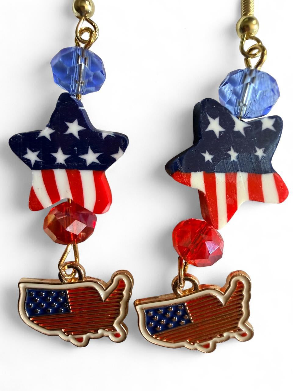 Handmade Patriotic USA Map Enamel Dangle Earrings | Tiered Americana Star Bead Jewelry