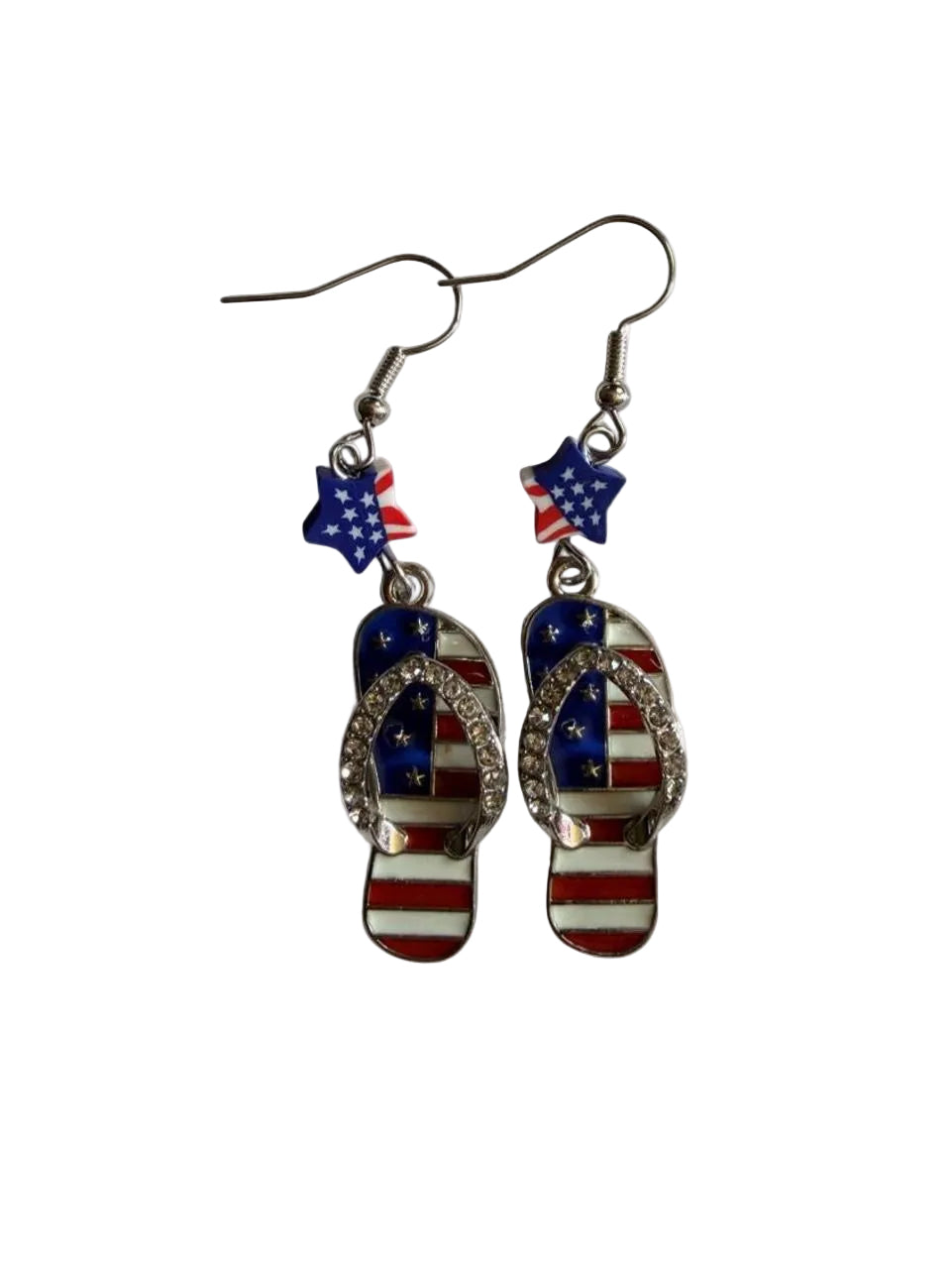 Handmade Patriotic Rhinestone Flip Flop Dangle Earrings | Summer Americana Holiday Drop