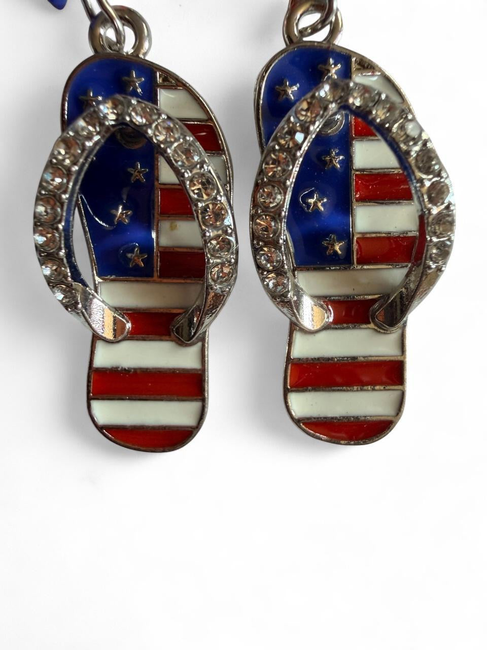 Handmade Patriotic Rhinestone Flip Flop Dangle Earrings | Summer Americana Holiday Drop