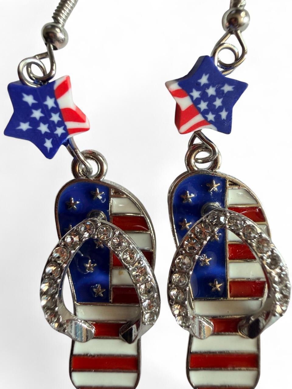 Handmade Patriotic Rhinestone Flip Flop Dangle Earrings | Summer Americana Holiday Drop