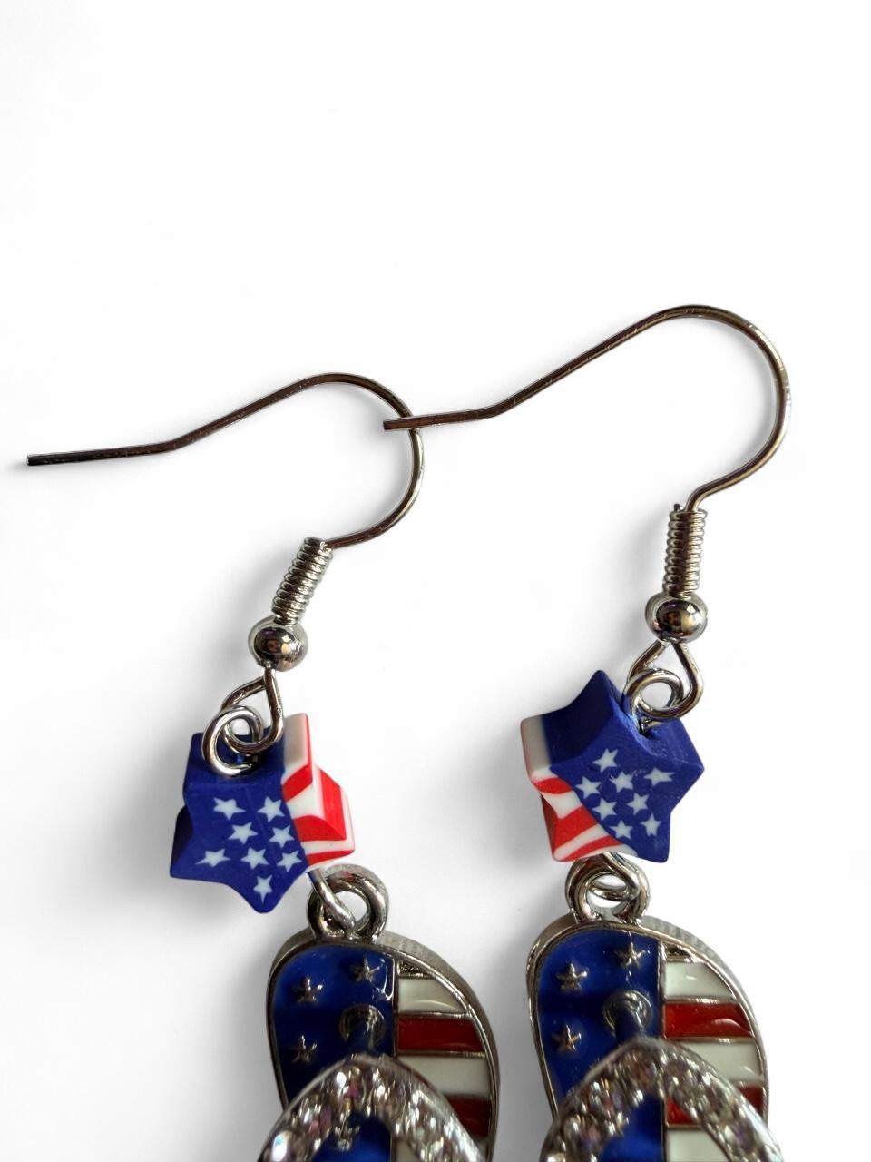 Handmade Patriotic Rhinestone Flip Flop Dangle Earrings | Summer Americana Holiday Drop