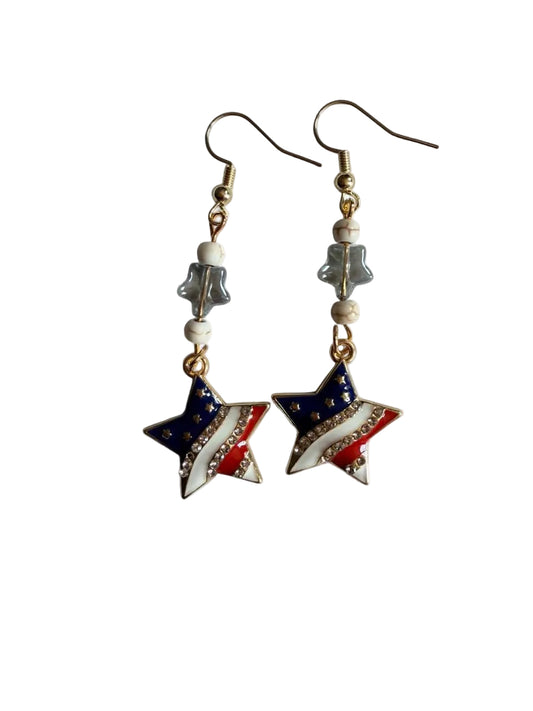Handmade Patriotic Rhinestone Flag Star Dangle Earrings | Boho Americana Star Bead Jewelry