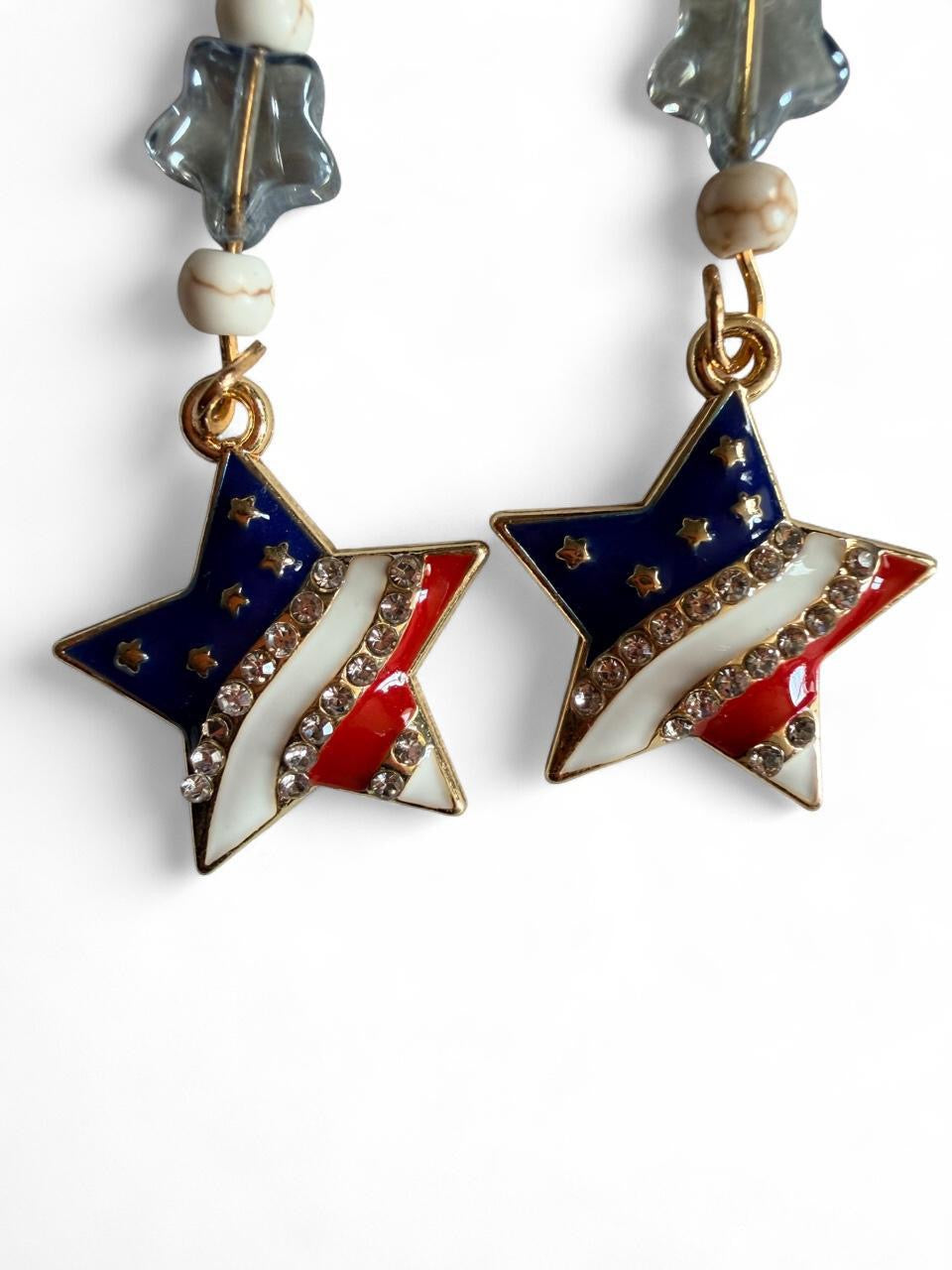 Handmade Patriotic Rhinestone Flag Star Dangle Earrings | Boho Americana Star Bead Jewelry
