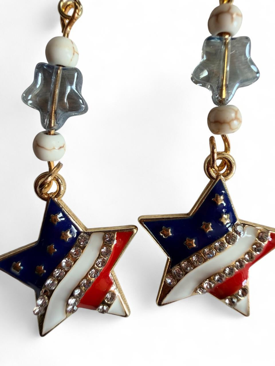 Handmade Patriotic Rhinestone Flag Star Dangle Earrings | Boho Americana Star Bead Jewelry