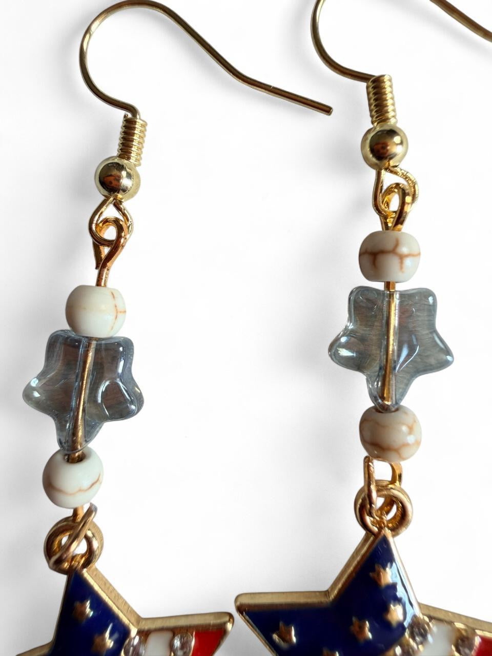 Handmade Patriotic Rhinestone Flag Star Dangle Earrings | Boho Americana Star Bead Jewelry